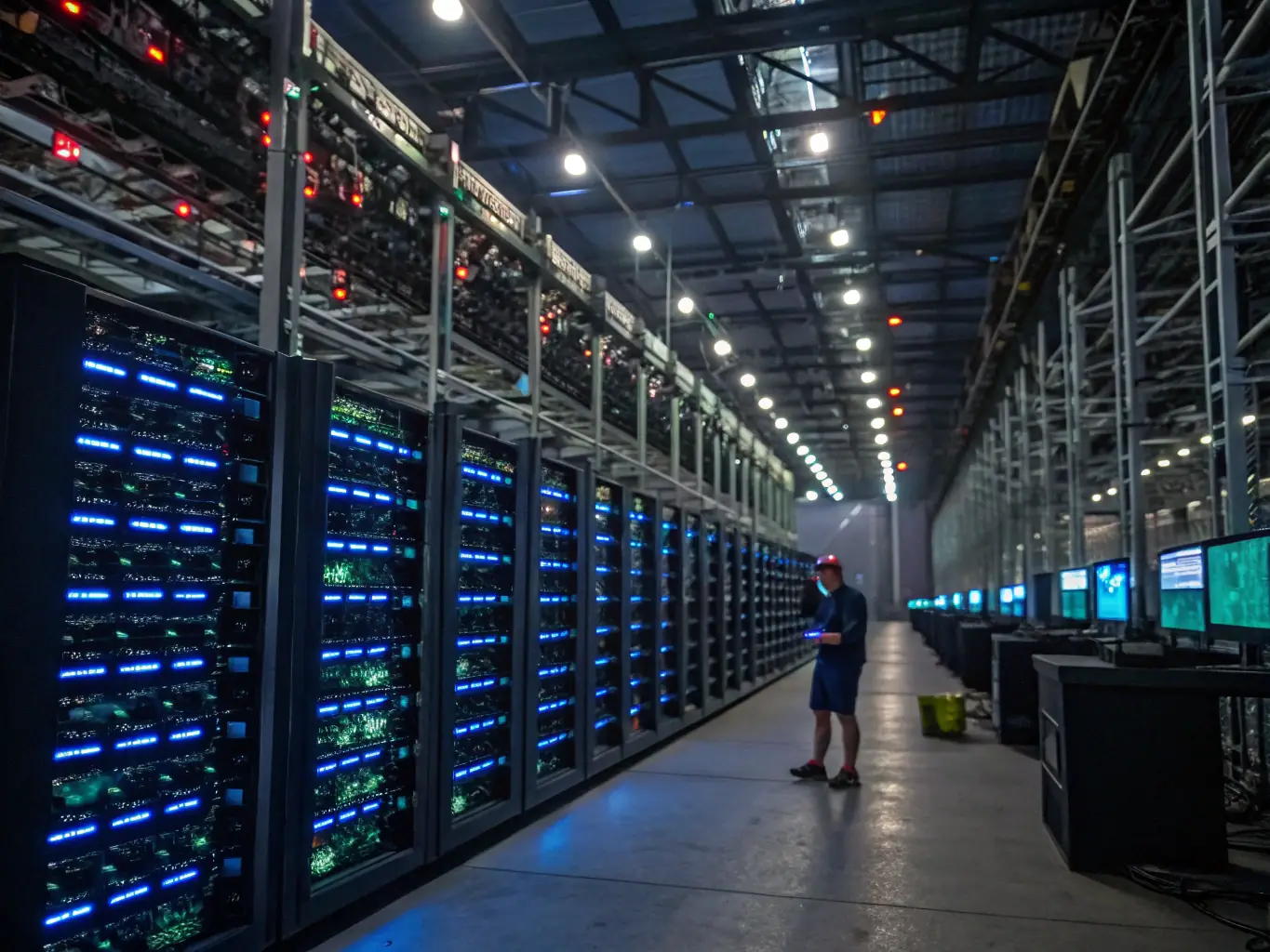 A mining farm equipped with WhatsMiner rigs, highlighting the scalability and reliability of the machines in a large-scale mining operation. The image should convey the potential for significant returns on investment.