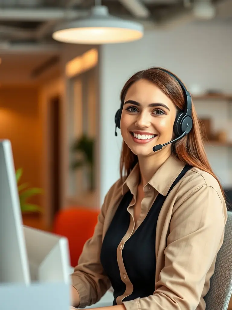 A person wearing a headset providing customer support, with a friendly and helpful expression, in a modern office environment, emphasizing WhatsMiner's commitment to customer service.